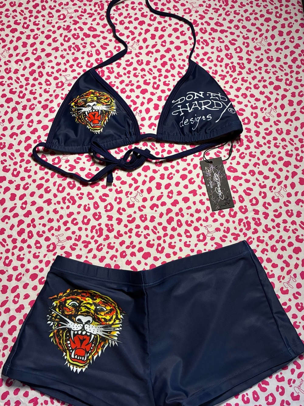 Ed Hardy Navy Bikini Top and Boyshorts with Tiger Graphic